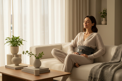 Person wearing heating belt while relaxing at home